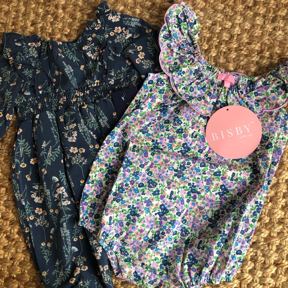 New w Tag: SET OF TWO . Bisby Bubble Romper and Mabel & Honey LS Boho Romper.